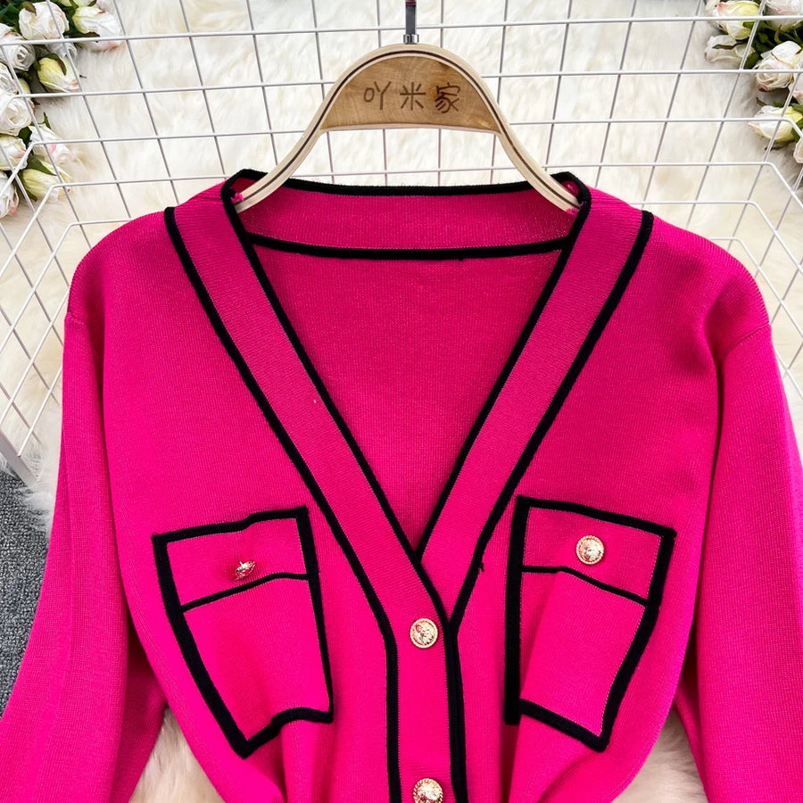 Women's Two-Piece Set Long-Sleeved Lace-up Waist V-Neck Mid-Length Knitted Cardigan Coat + Wide-Leg Pants