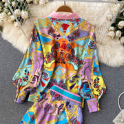 2 Piece Set Print Long Sleeve Button Down Shirt + High Quality Full Length Pant