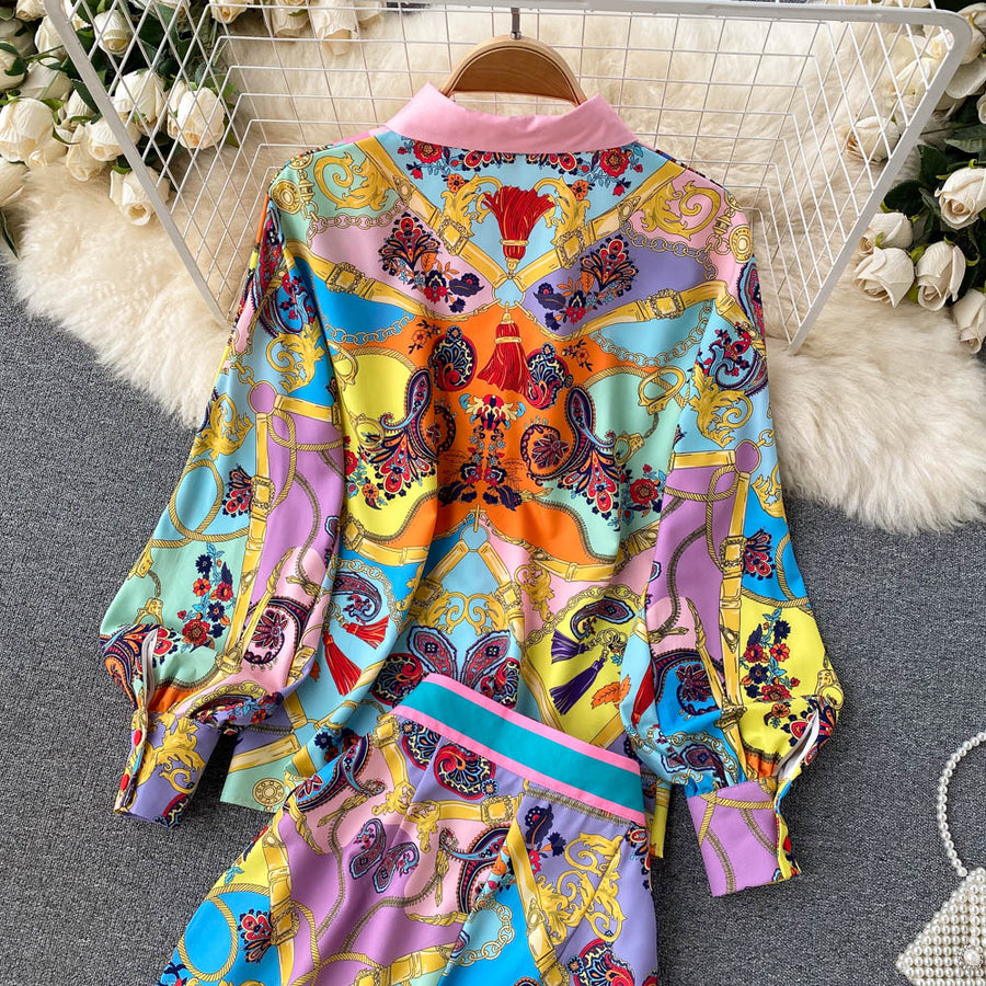 2 Piece Set Print Long Sleeve Button Down Shirt + High Quality Full Length Pant
