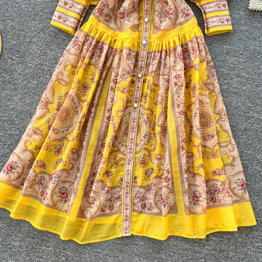High quality French vintage style elegant button print maxi dress