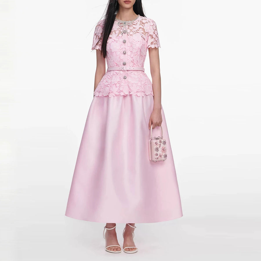 Elegant Beading Diamond Luxury Embroidery Prom Evening Dress Women Summer Short Sleeve Hollow Out Lace Patchwork Belt Long Dress
