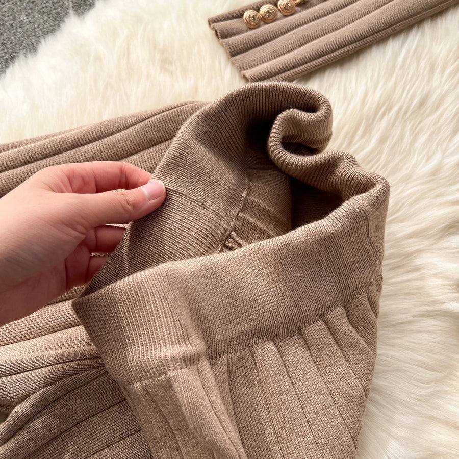Senior Knitted Suits Fashion Metal Button Vest+V Neck Long Sleeves Cardigans+Wide Legs Pants Stripe Three Pieces Sets