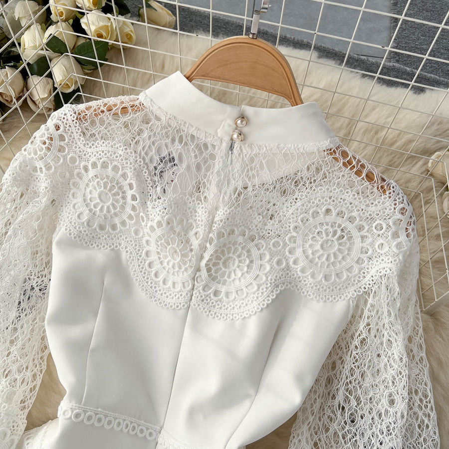 Vintage Flowers Embroidered Hollow Out Lace Dress High Neck Long Lantern Sleeve High Quality Pearl Buttons