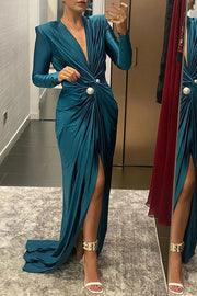 Women's Solid Color Pleated Split Front Tied Waist Bodycon Long Sleeves Deep V Neck Maxi Party Dresses