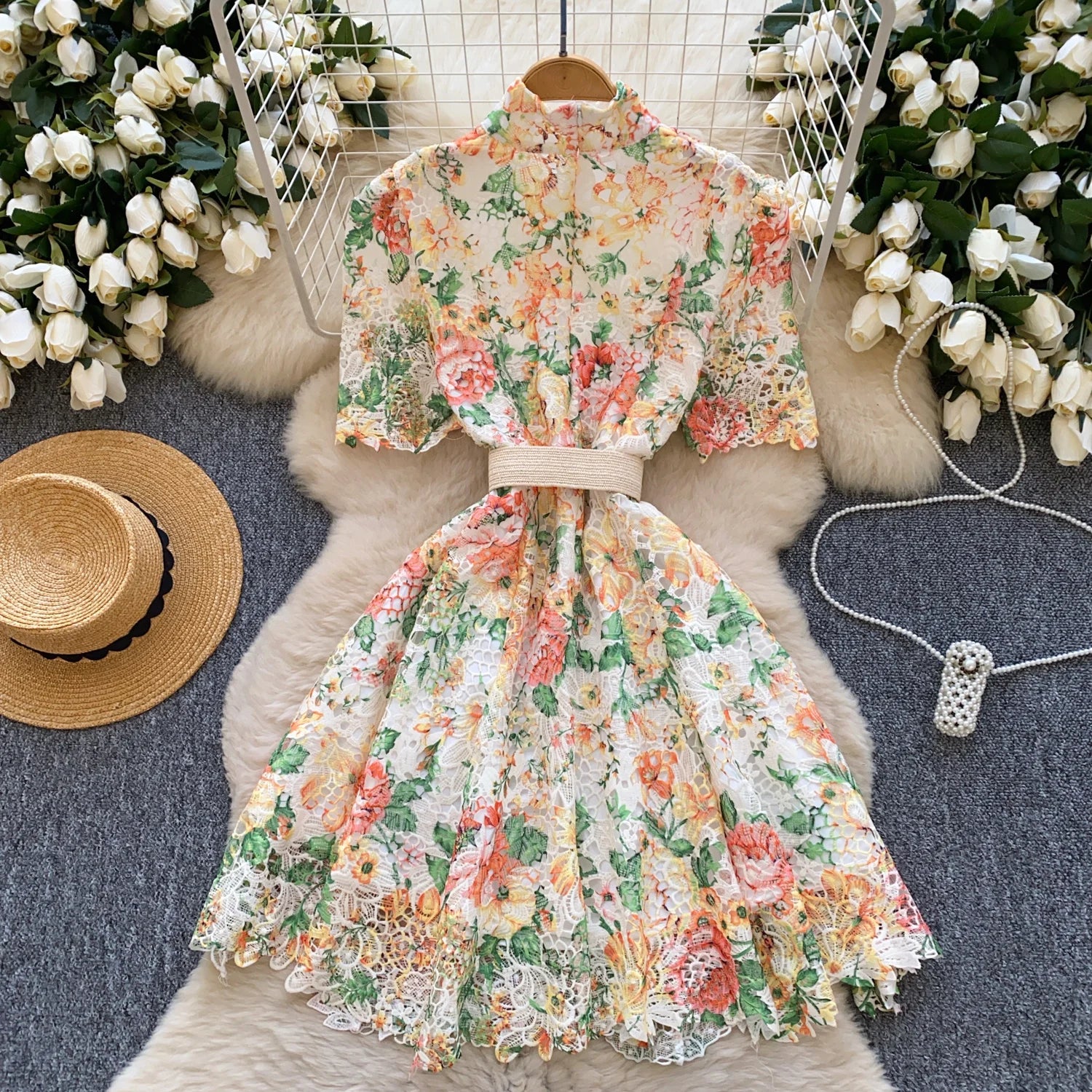 Elegant French style short dress with high quality vintage floral print