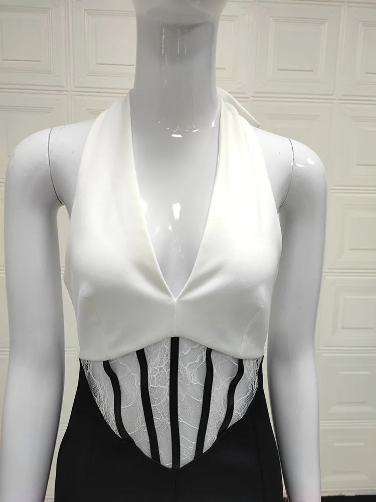 Women'Black White Contrast Color Hanging Neck Sexy Dress Pure Desire Temperament High Fashion Free Shipping