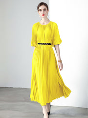 High Quality Printed Round Neck Lace Up Belt Maxi Pleated Long Dress