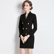 High Quality Black Long Sleeve Double Breasted Midi Elegant Dress