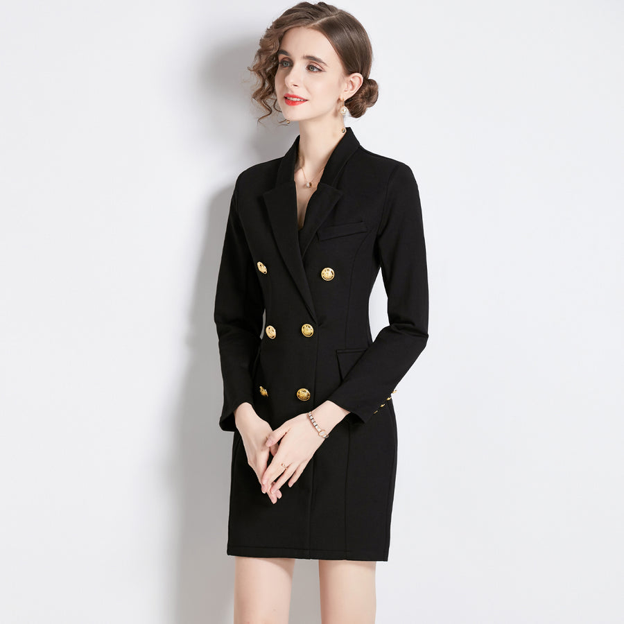 High Quality Black Long Sleeve Double Breasted Midi Elegant Dress