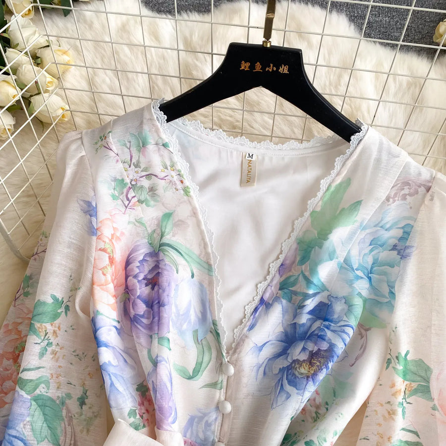Lace Chiffon Floral Dress Maxi A-line Lantern Sleeve V Neck Spring Women Retro French Fairycore Elegant Vacation Dress