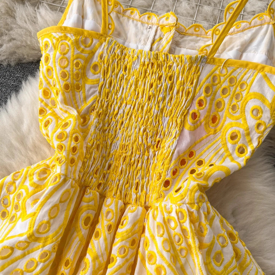 Quality Spaghetti Straps Ruffles Backless Sexy Hollow Out Embroidery Dress