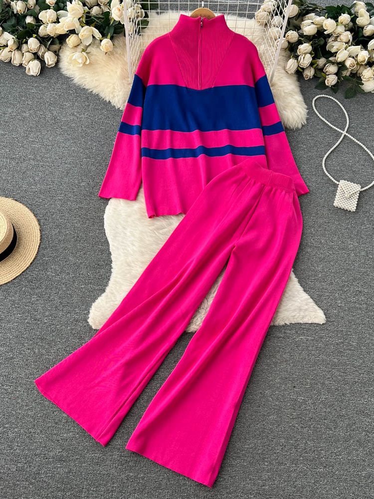 High Quality Striped Zipper Long Sleeve+Wide Leg Pant Two Piece Set
