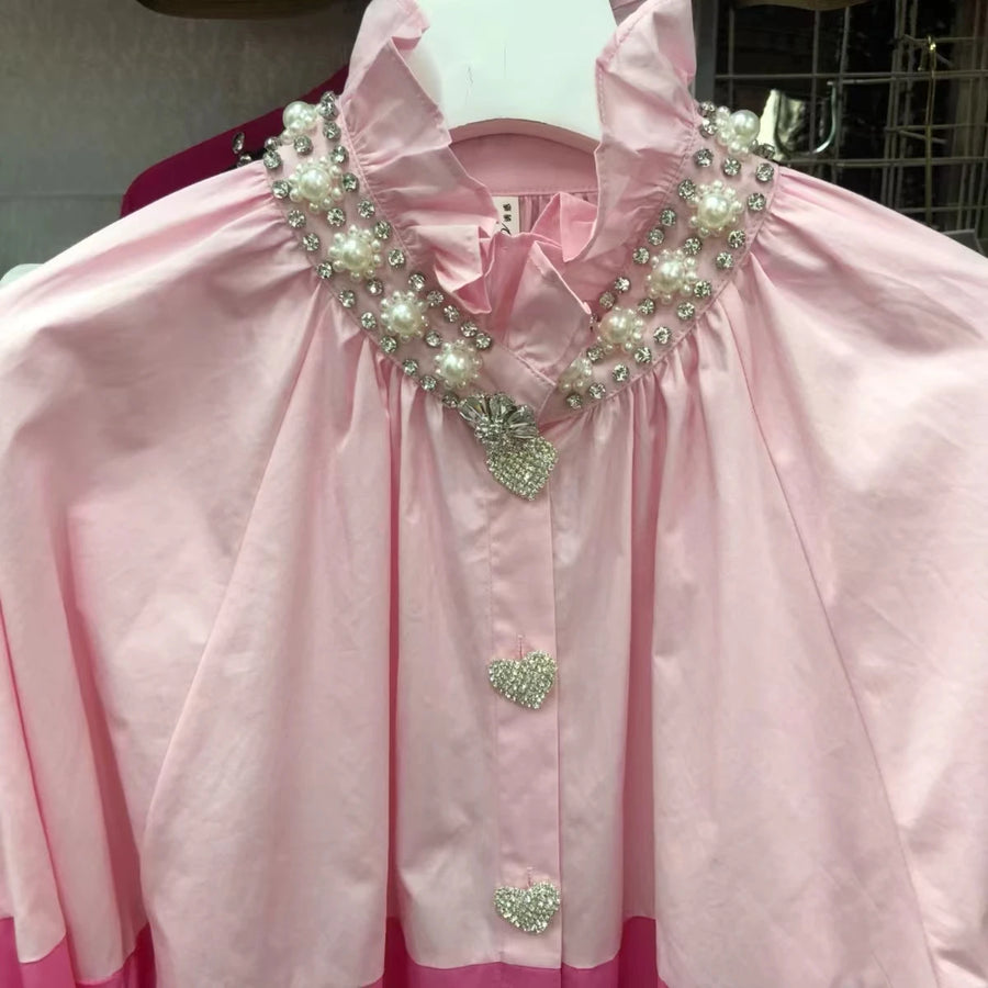 High Quality Long Sleeve Luxurious Style Beaded Diamond Embroidery Cotton Shirt