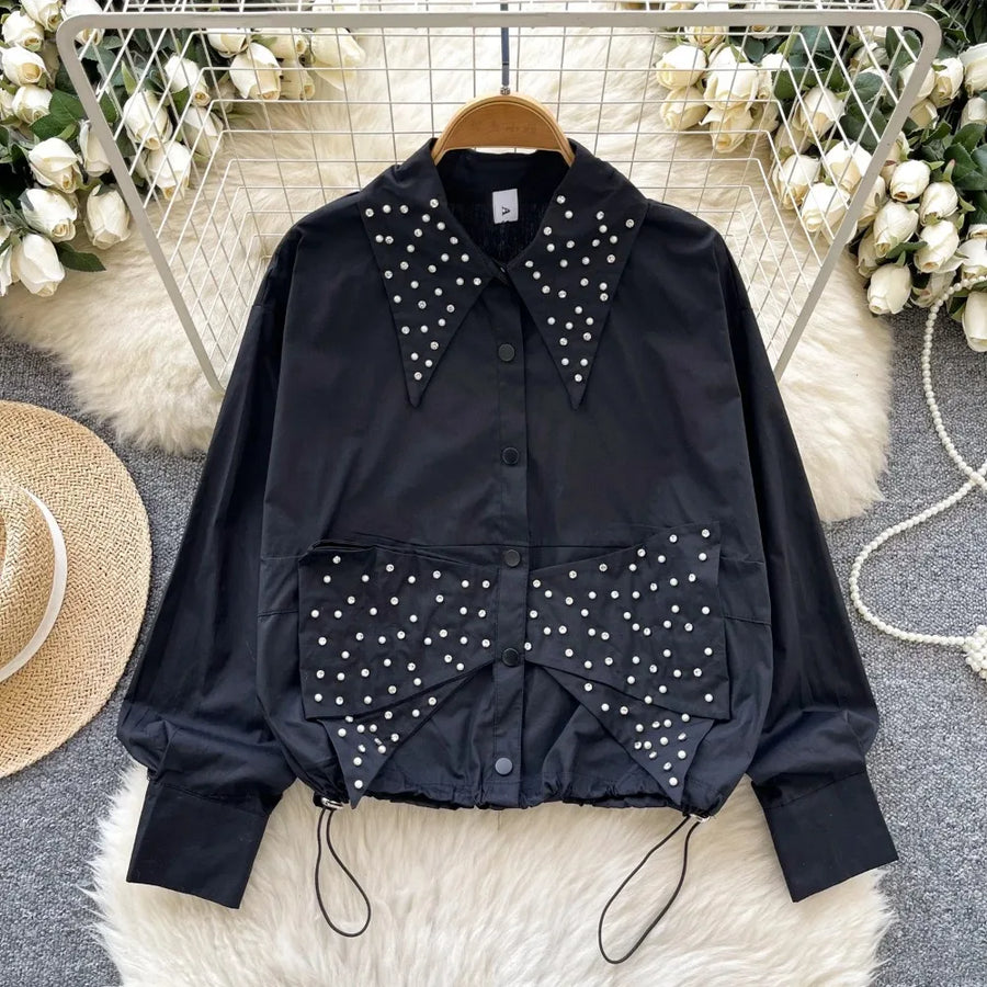 High quality long sleeve turn-down collar lace diamond beaded embroidery blouse