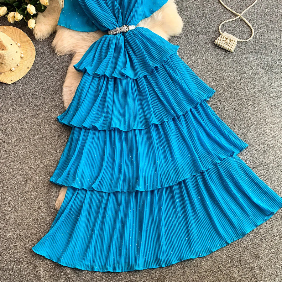 Women Long Dress Cake Dresses A Line Vestidos  Streetwear V Neck Short Sleeve Elegant Party Work Slim Fit Casual Summer