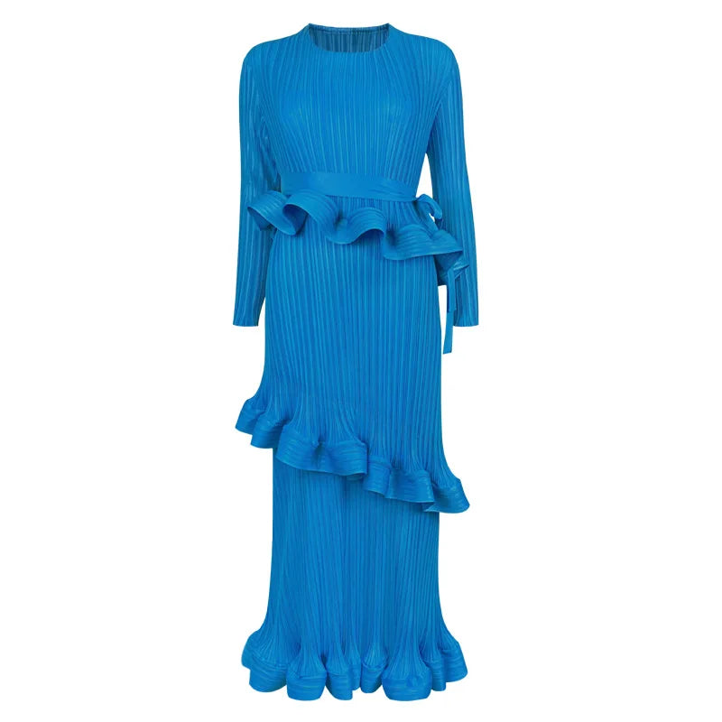 High quality long sleeve dress with ruffles and pleated bow