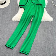 Women's Two-Piece Set Long-Sleeved Lace-up Waist V-Neck Mid-Length Knitted Cardigan Coat + Wide-Leg Pants