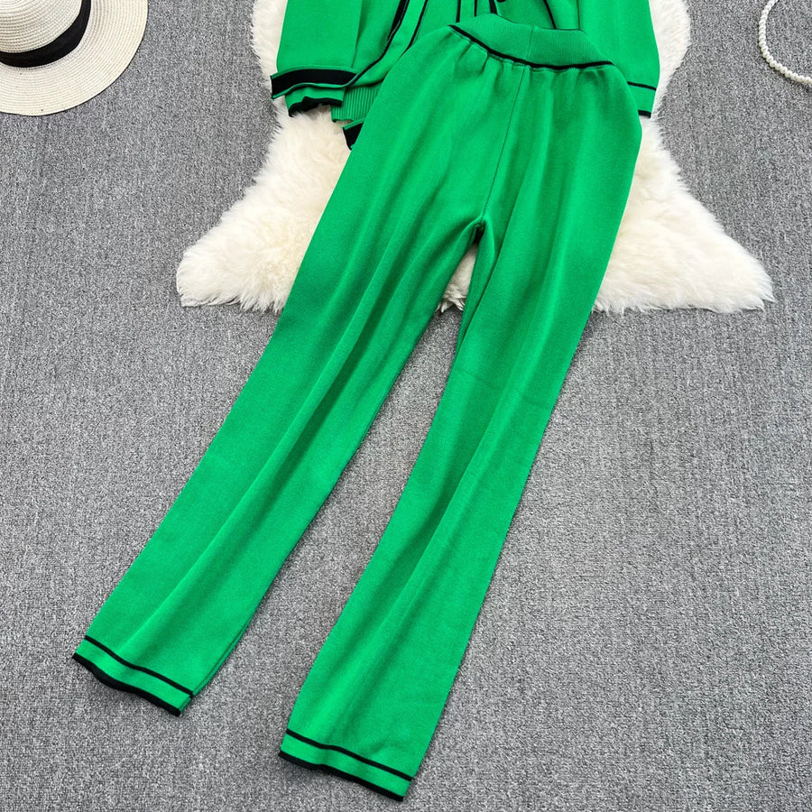 Women's Two-Piece Set Long-Sleeved Lace-up Waist V-Neck Mid-Length Knitted Cardigan Coat + Wide-Leg Pants