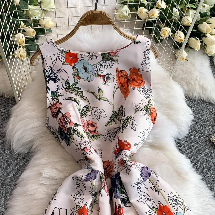 Fashion Elegant Print Sleeveless Dress Women 2026 Summer New Slim Waist Gown Ball Big Swing Robe Fresh Temperament Vestidos