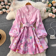 High Quality Floral Print Belted Long Flare Sleeve Stand Collar Flower Mini Dress