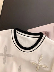 Patchwork Short Sleeve Round Neck Beaded Knitted T-shirt