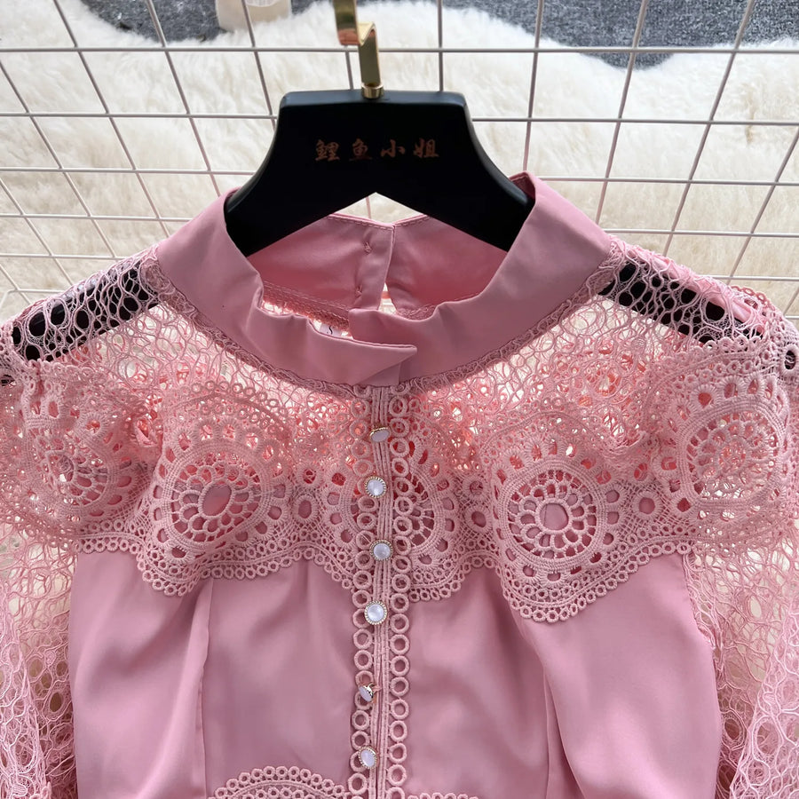 High quality elegant long plain cut French lace dress with flared sleeves