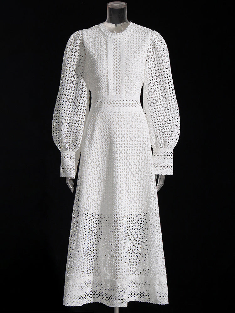 Vintage dresses round neck, flare sleeve, high waist, hollow out patchwork, high quality embroidery