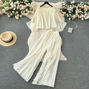Casual Two Piece Set Loose Shirt+High Waist Straight Pants