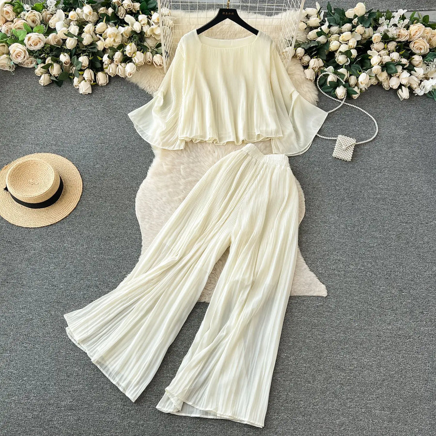 Casual Two Piece Set Loose Shirt+High Waist Straight Pants