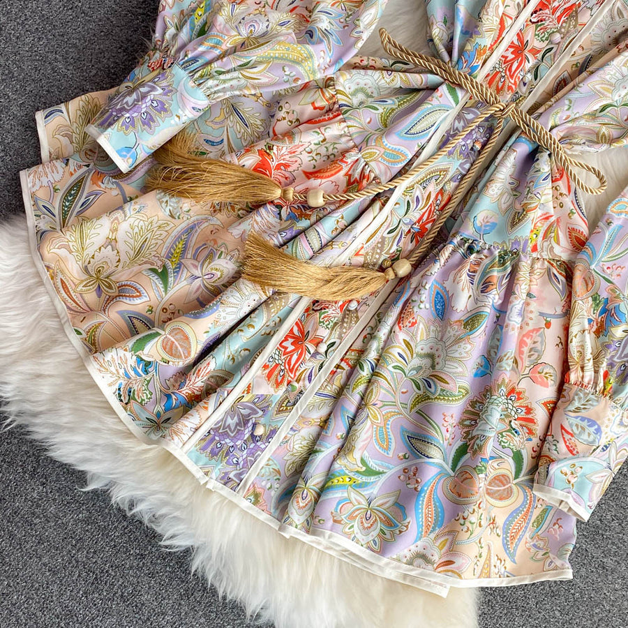 High Quality Big Hem Long Sleeve Turtleneck Printed Dress