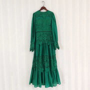 Vintage quality elegant hollow out embroidered flower green black white dress