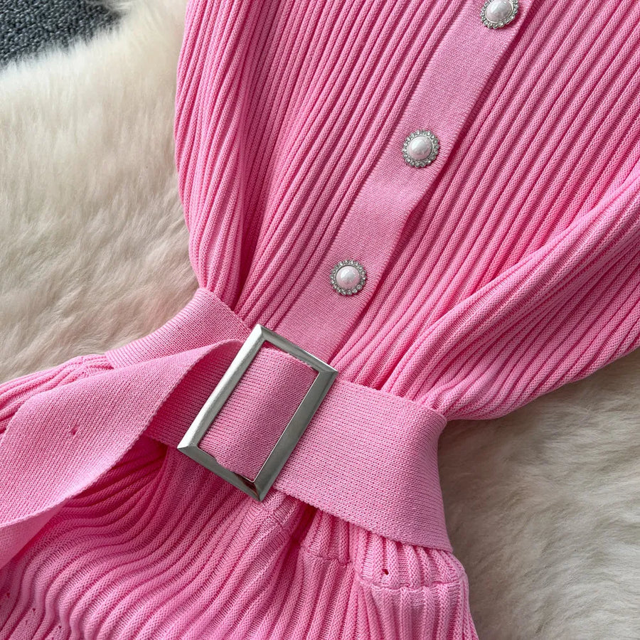 Ribbed Knit Dress Sleeveless Lapel Belt French Ins Chic Spring Summer Celebrity Style Feminine A-line Long Dress