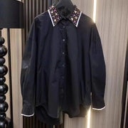 Luxury Sparking Colorful Exquisite Diamonds Black White Cotton Shirts Blouses For Women  New Loose Casual Long Sleeve Top