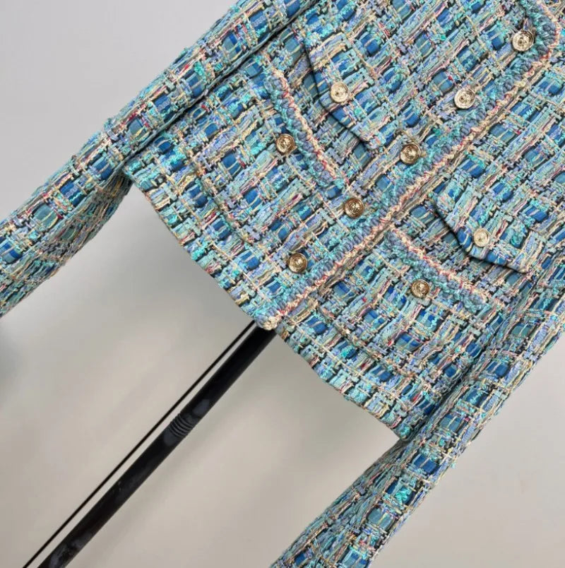 New Women Autumn Elegant French Style O-Neck Tweed Jacket Plaid Single Breasted Slim Fit Short Top Party Banquet Coat Outerwear