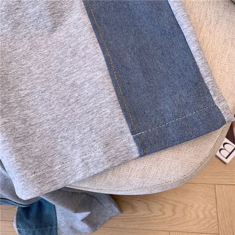 Summer New Stitched Zipper T-shirt top Female Set Elegant Women's Jeans Casual Blouse Two Piece Set Ladies Tracksuits big