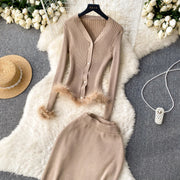 Basic Sets V-Neck Button-Down Knitted Blouse + High Quality Elastic Waist Bodycon Skirt