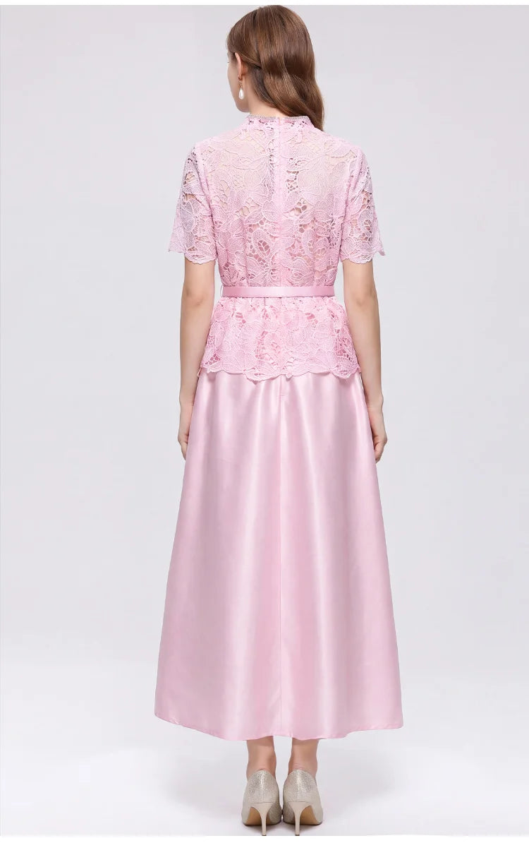 Elegant Beading Diamond Luxury Embroidery Prom Evening Dress Women Summer Short Sleeve Hollow Out Lace Patchwork Belt Long Dress