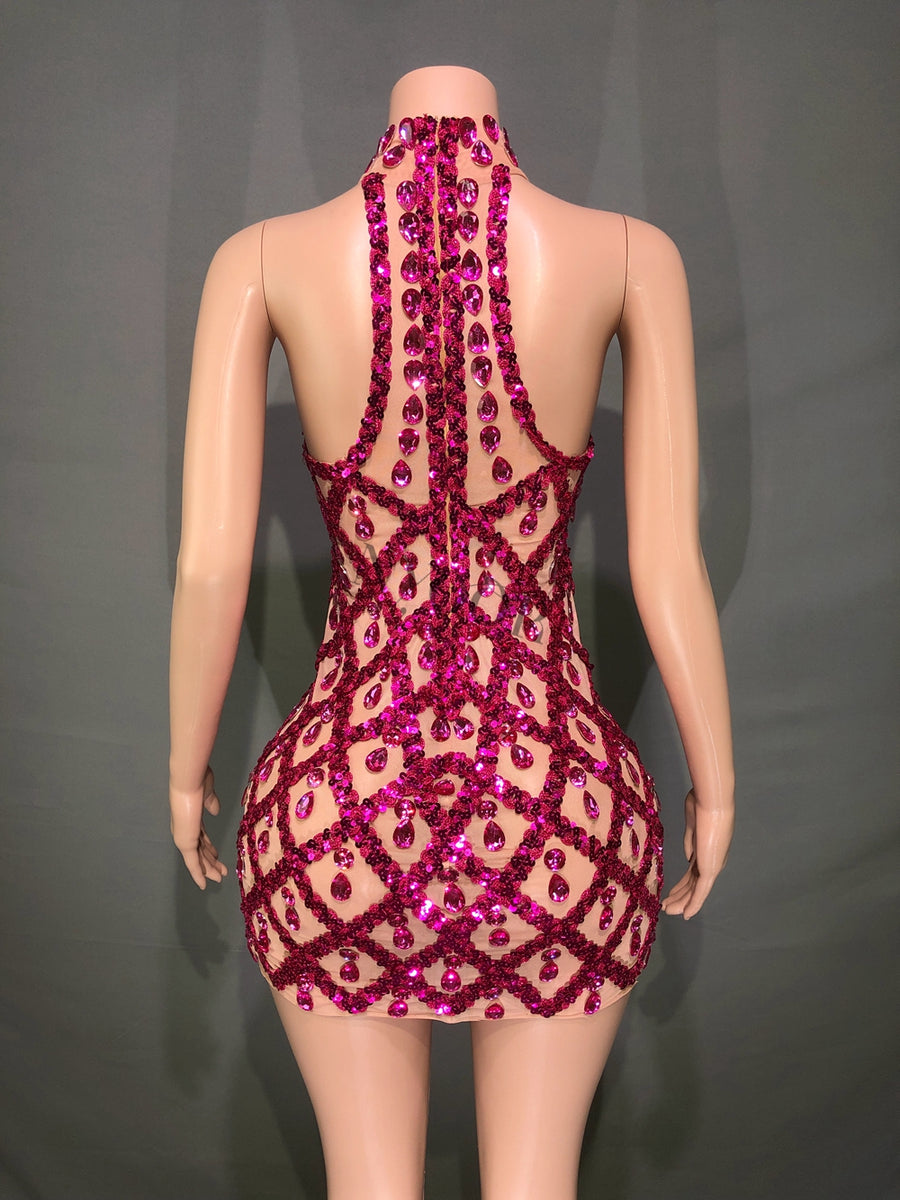 Sheer tight fit short dress with shiny pink sequins and diamonds