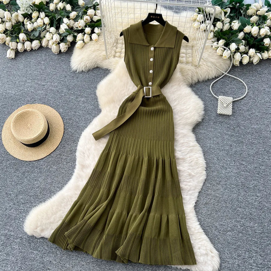 Ribbed Knit Dress Sleeveless Lapel Belt French Ins Chic Spring Summer Celebrity Style Feminine A-line Long Dress