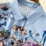 Floral Print Two Piece Set Long Sleeve Shirt + Shorts with Pocket