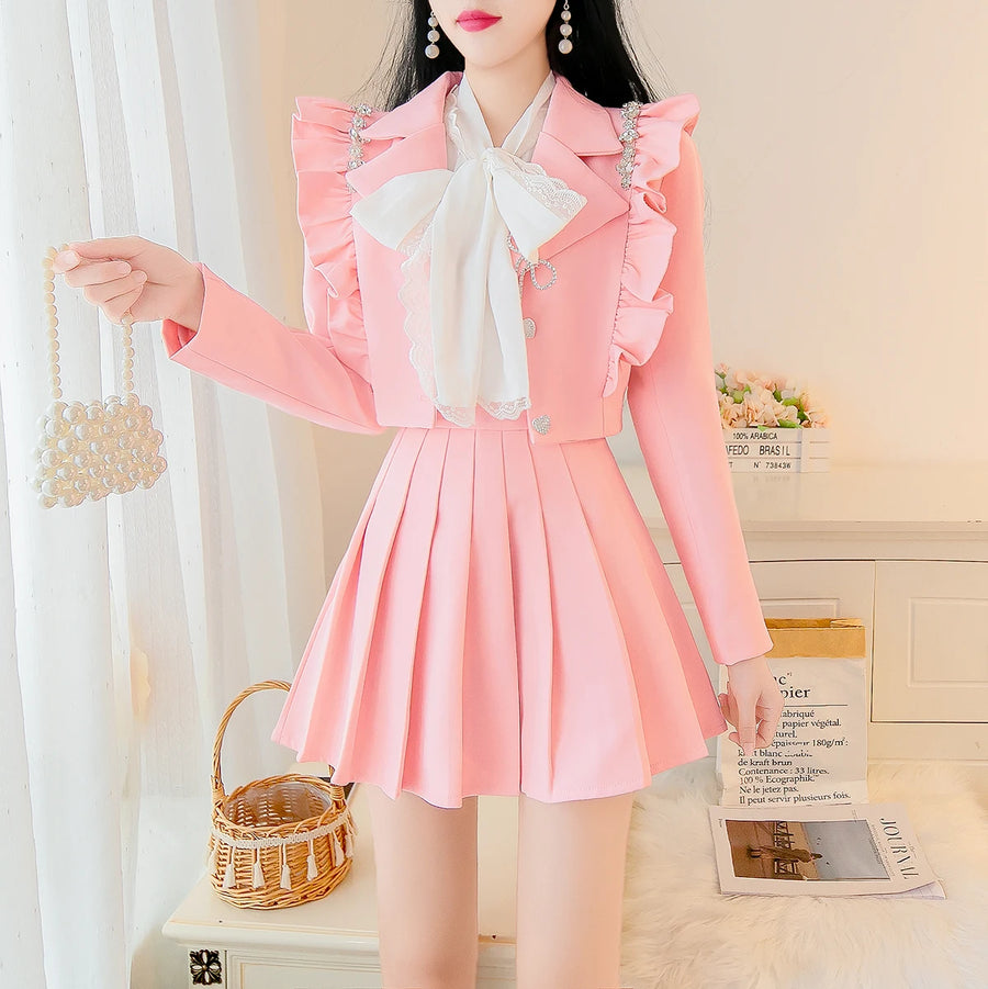 Chic Ruffled Jacket and Pleated Skirt