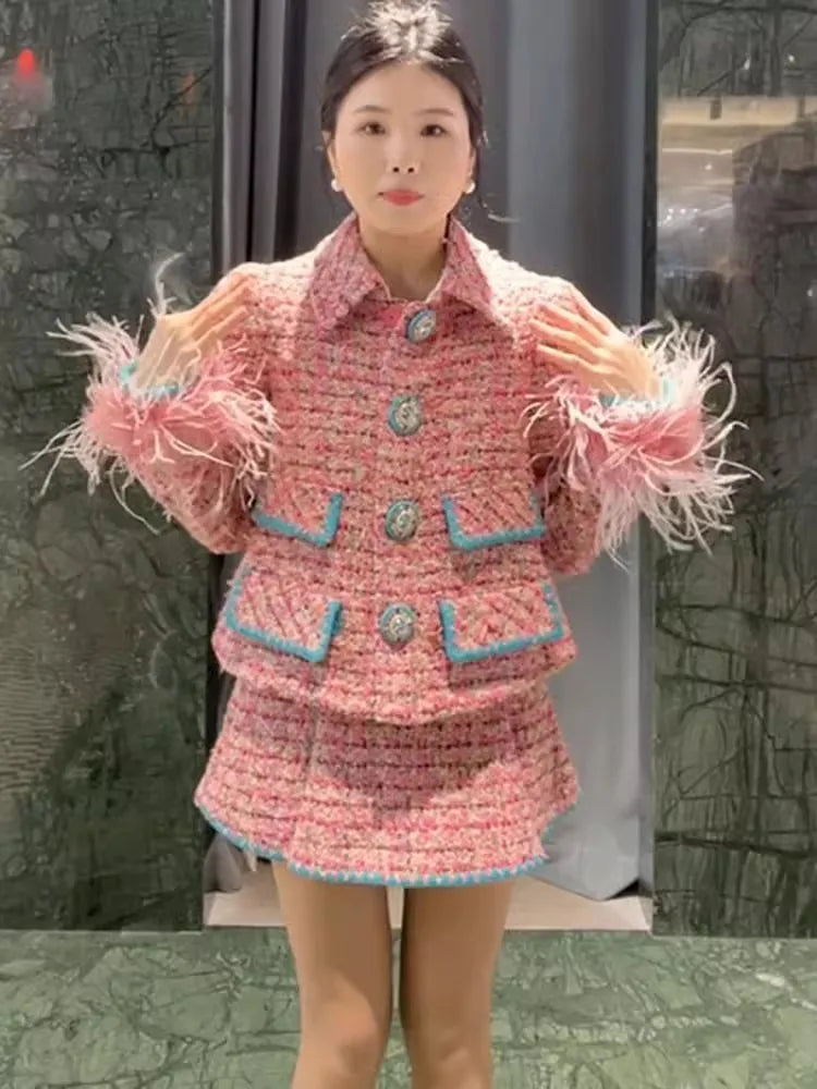 Women Auutmn Winter Sweet Feather Single Breasted Tweed Short Jacket High Waist A-Line Skirt Offce Ladies Fashion Two Piece Set