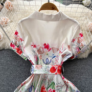 High Quality Belted Floral Print Short Sleeve Notched Neck Short Sleeve Vintage Flower Shirt Dress