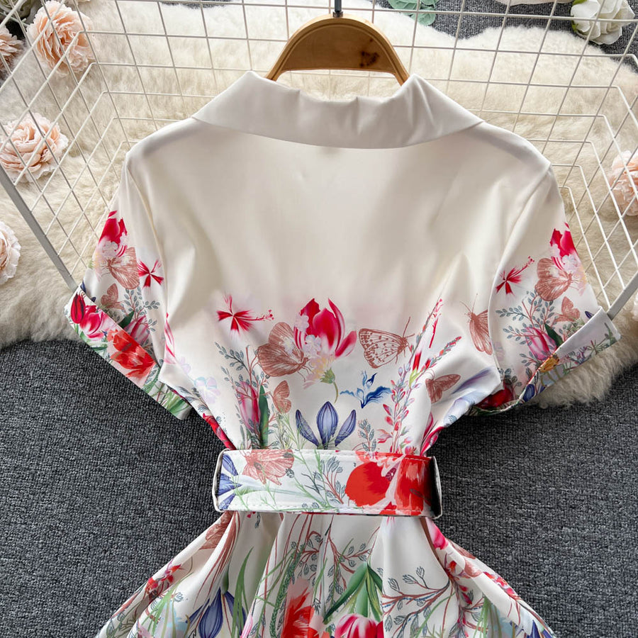 High Quality Belted Floral Print Short Sleeve Notched Neck Short Sleeve Vintage Flower Shirt Dress