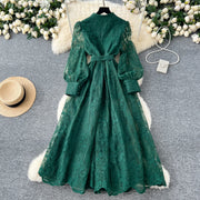 High-end vintage elegant V-neck long-sleeved dress