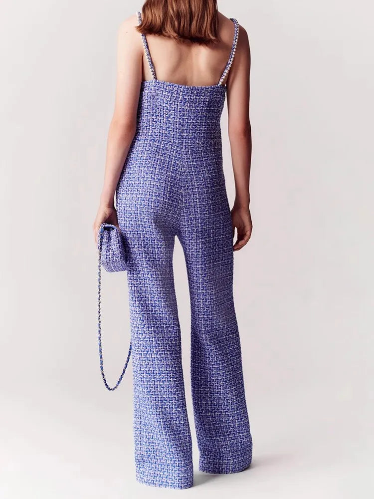Designer Women Autumn Suspenders Jumpsuit Pearls Beading Strap Long Wide Leg Pants High Street One Piece Tweed Jumpsuits