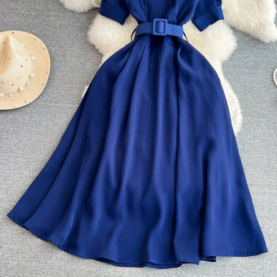 Elegant French turn-down collar short-sleeved dress with high-quality belt