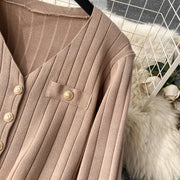 Senior Knitted Suits Fashion Metal Button Vest+V Neck Long Sleeves Cardigans+Wide Legs Pants Stripe Three Pieces Sets