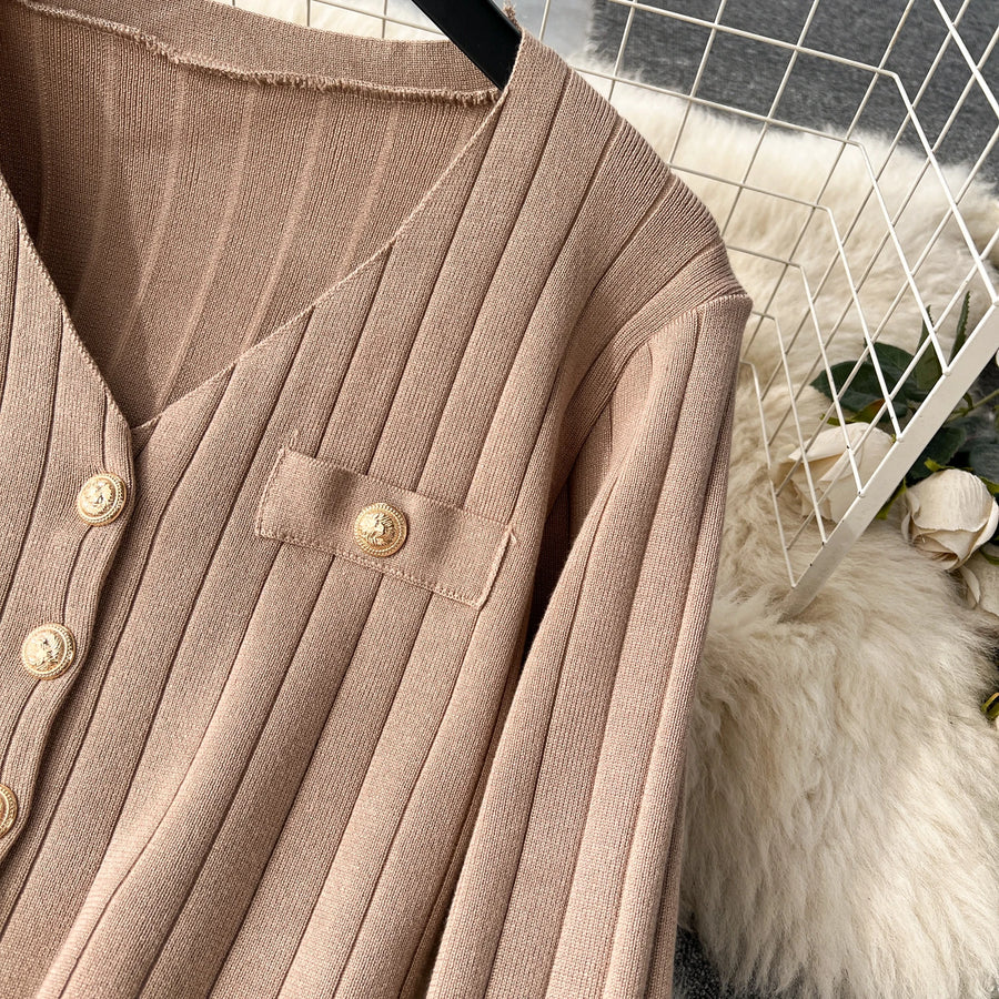 Senior Knitted Suits Fashion Metal Button Vest+V Neck Long Sleeves Cardigans+Wide Legs Pants Stripe Three Pieces Sets