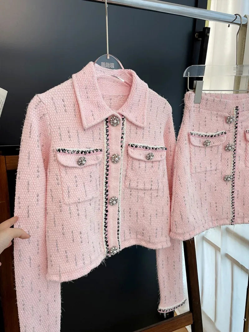 Slim Fit Spring Autumn Office Ladies Pink Tweed Short Jacket High Waist A-Line Skirt Two Piece Set Elegant Women Fashion Sets